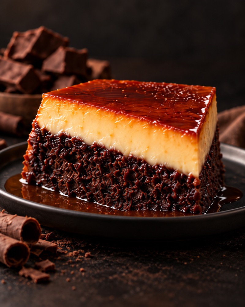 Flancocho con flan de vainilla y bizcocho de chocolate sobre un plato, imagen del menú